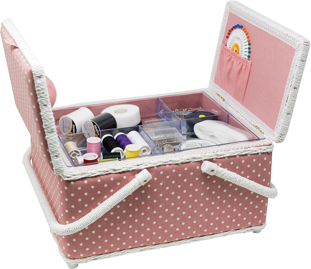 Korbond Nähkorb mit zwei Deckeln, gepunktet, 17 x 24 x 31 cm, Rosa L Pink / Punkte, L Pink / Punkte