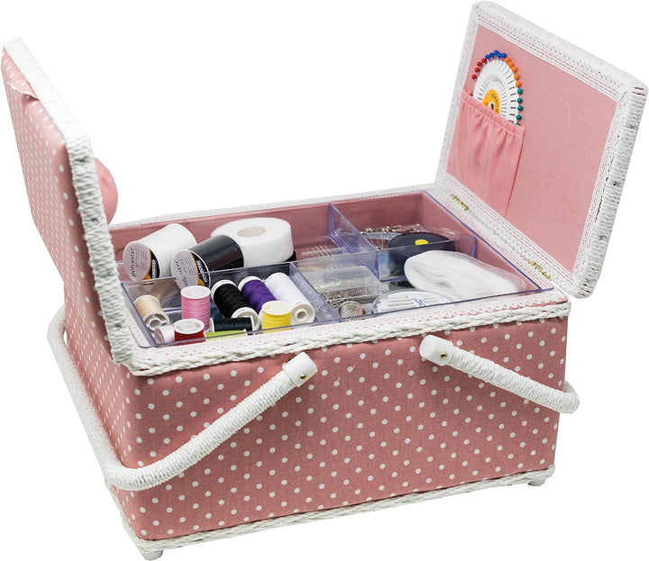 Korbond Nähkorb mit zwei Deckeln, gepunktet, 17 x 24 x 31 cm, Rosa L Pink / Punkte, L Pink / Punkte