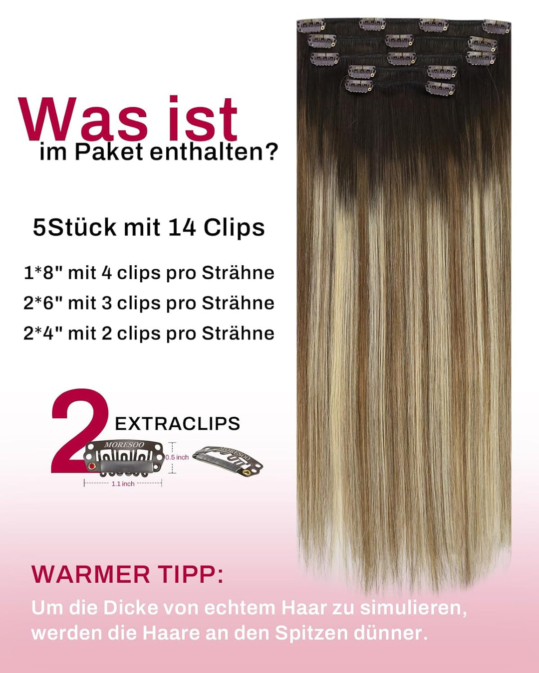 Moresoo Clip in Extensions Echthaar Remy Braun Extension Echthaar Clips Dunkelbraun bis Hellbraun mi