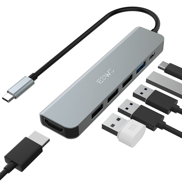 USB C Hub, JESWO 6 in 1 USB C Adapter mit 4K HDMI, 1 USB 3.0, 3 USB 2.0 und 100W PD kompatibel mit M