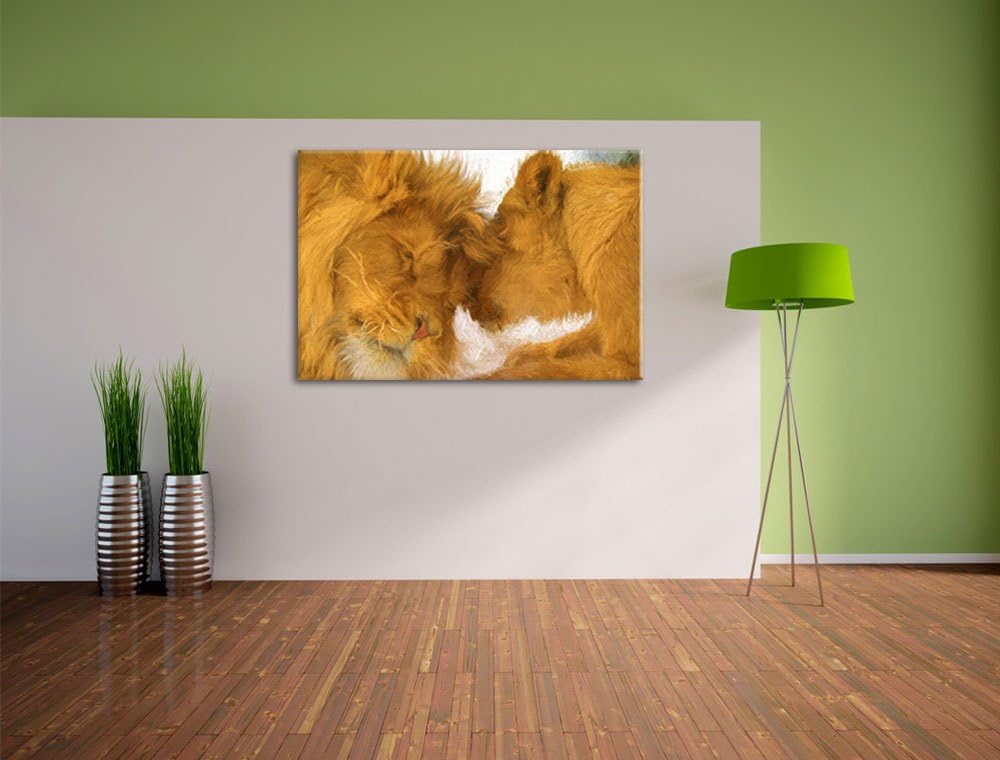 Pixxprint Kuschelnde Löwen als Leinwandbild/Grösse: 100x70 / Wandbild/Kunstdruck/fertig bespannt, 10
