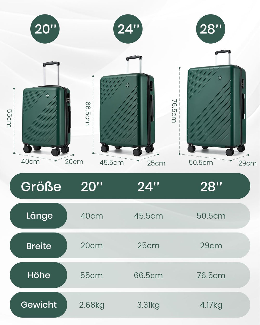 KONO Handgepäck Koffer 55x40x20cm, 34L Hartschalenkoffer mit 4 Rollen, Koffer Trolleys für Kurztrips