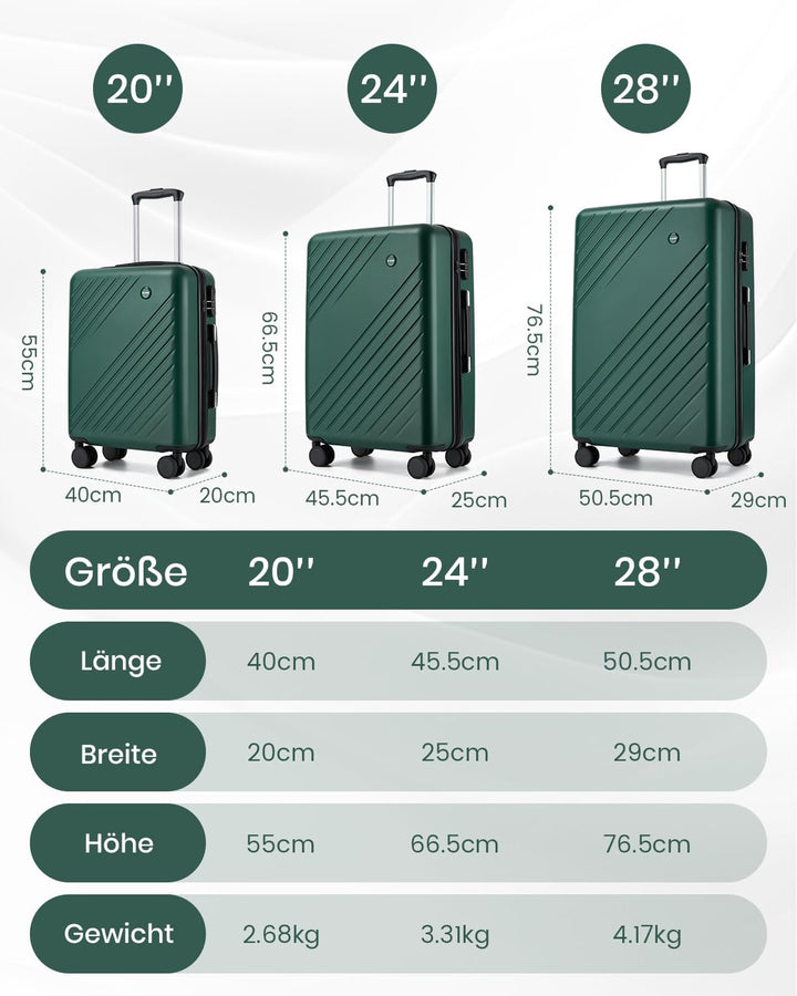 KONO Handgepäck Koffer 55x40x20cm, 34L Hartschalenkoffer mit 4 Rollen, Koffer Trolleys für Kurztrips
