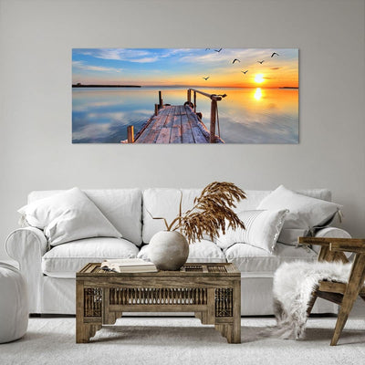 Wandbilder Dekoration Wohnzimmer See Natur Brücke Vögel Panorama Bilder auf Leinwand 120x50cm Leinwa