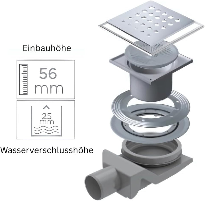 Confluo Bodenablauf Punktablauf 15x15 cm Edelstahlrost – wählbare Abdeckungen u. Ablaufgarnitur (nie