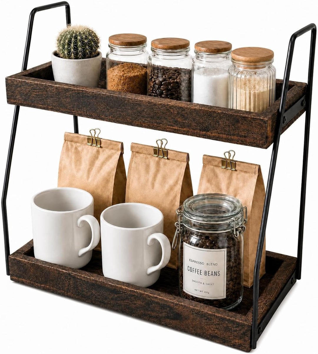 XUDREZ Kaffee Organizer, 2-stöckig Kaffeebar Zubehör Organizer Holz kaffeestation tassenregal, Küche