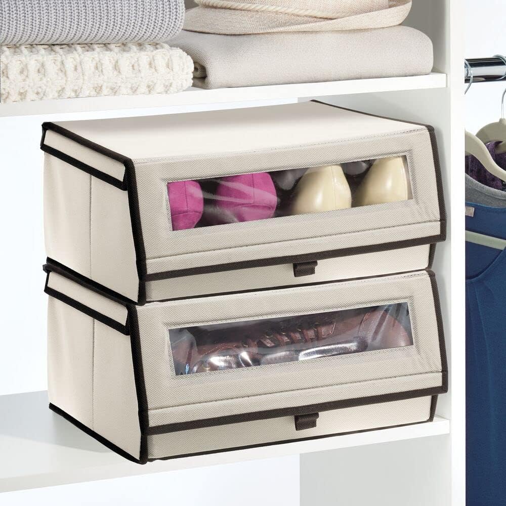 mDesign Schuhbox aus Stoff (2 Stück) - Stapelbare Aufbewahrungsbox mit Bullauge, Reissverschluss und