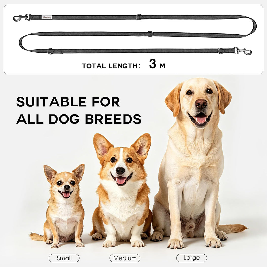 Wisedog 3m Schwarz doppelendige gummierte Hundeleine Leichtgewichtige Hands Free Leine für Hund ruts