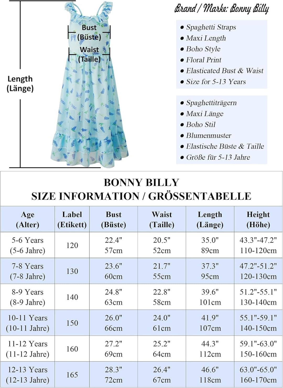 BONNY BILLY Mädchen Kleider Freizeit Blumen Sommerkleid Strandkleid Chiffonkleid Maxikleid mit Rüsch