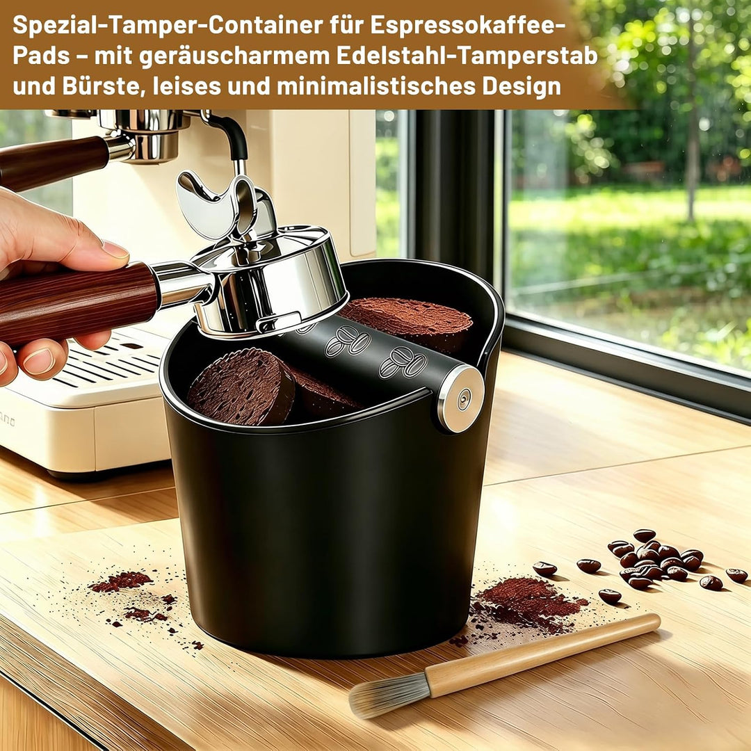 Knock Box für Siebträger – Kaffeesatz-Abklopfbehälter mit schalldämpfender Edelstahl-Klopfstange, Bü