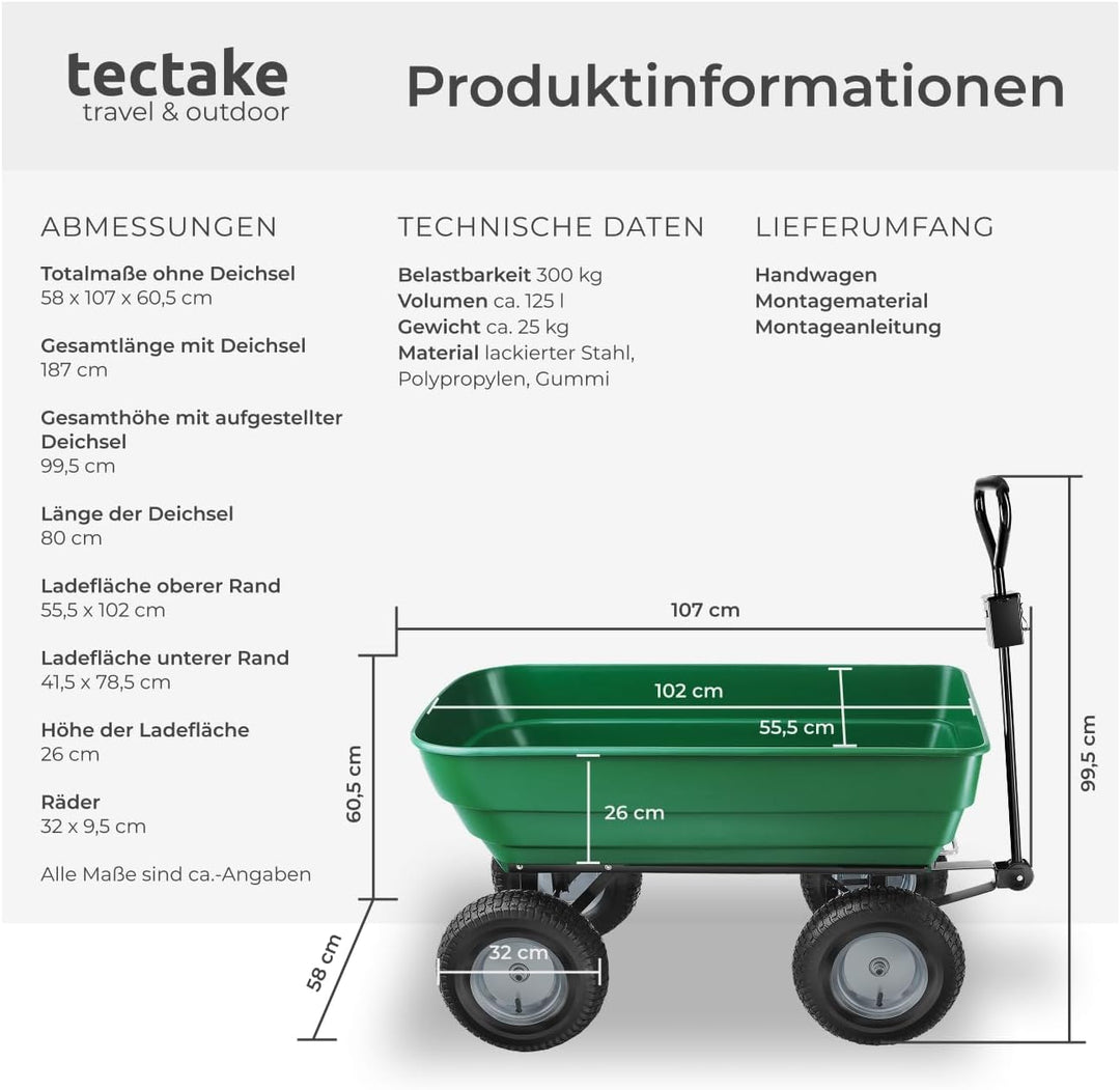 tectake® Bollerwagen, Handwagen, Transporter mit Kippfunktion, Rollwagen mit Lenkachse, Trolley, als