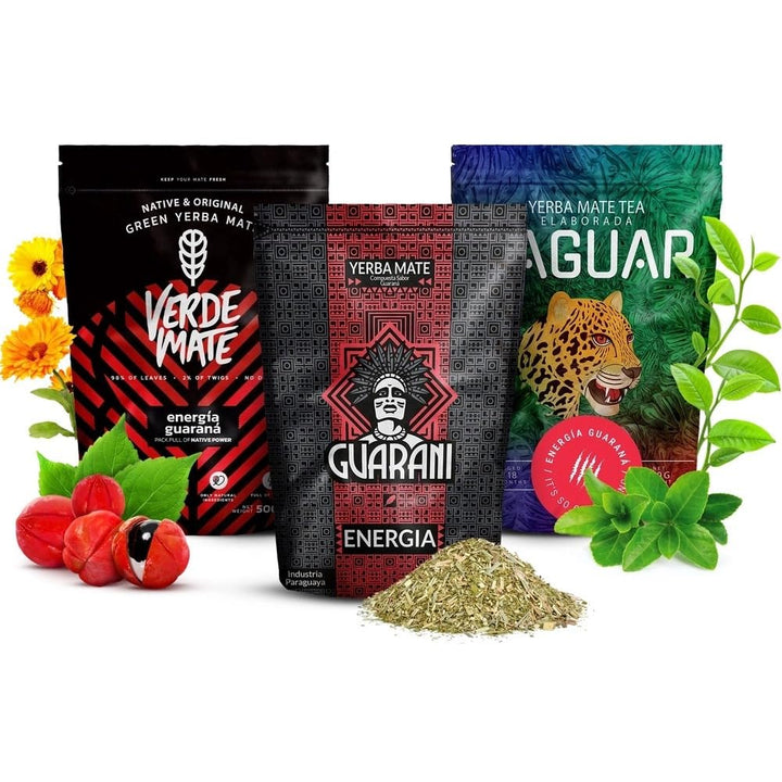 Verde Mate Guarani und Yaguar Mate Tee Set - Yerba Mate Energia Guarana 3x500g - aus Brasilien und P