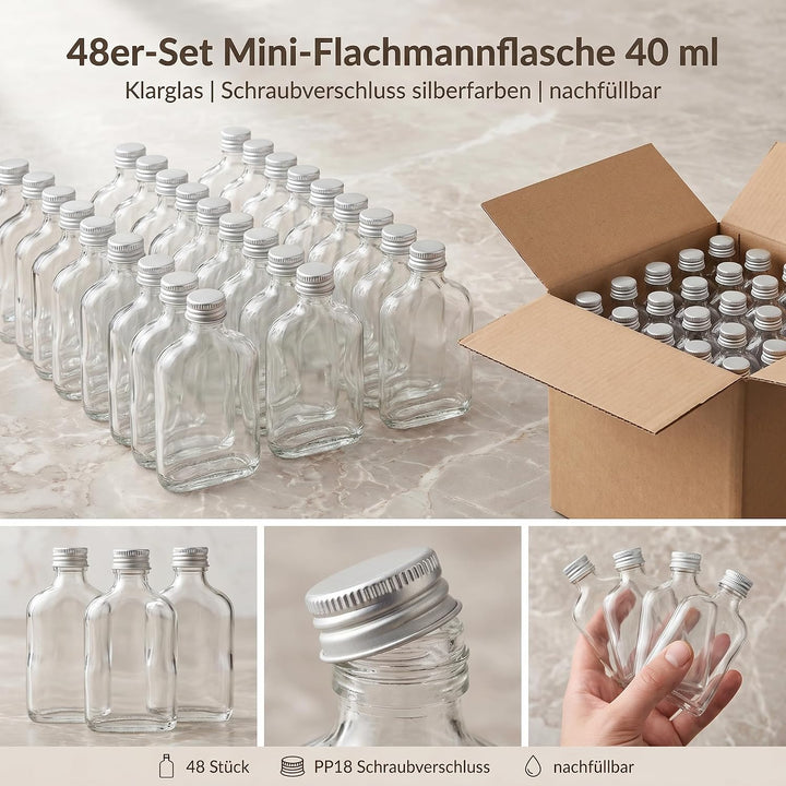 gouveo 48er Set Mini Glasflaschen 40 ml (0,04 l) Flachmann mit Schraubverschluss silberfarben – Klei
