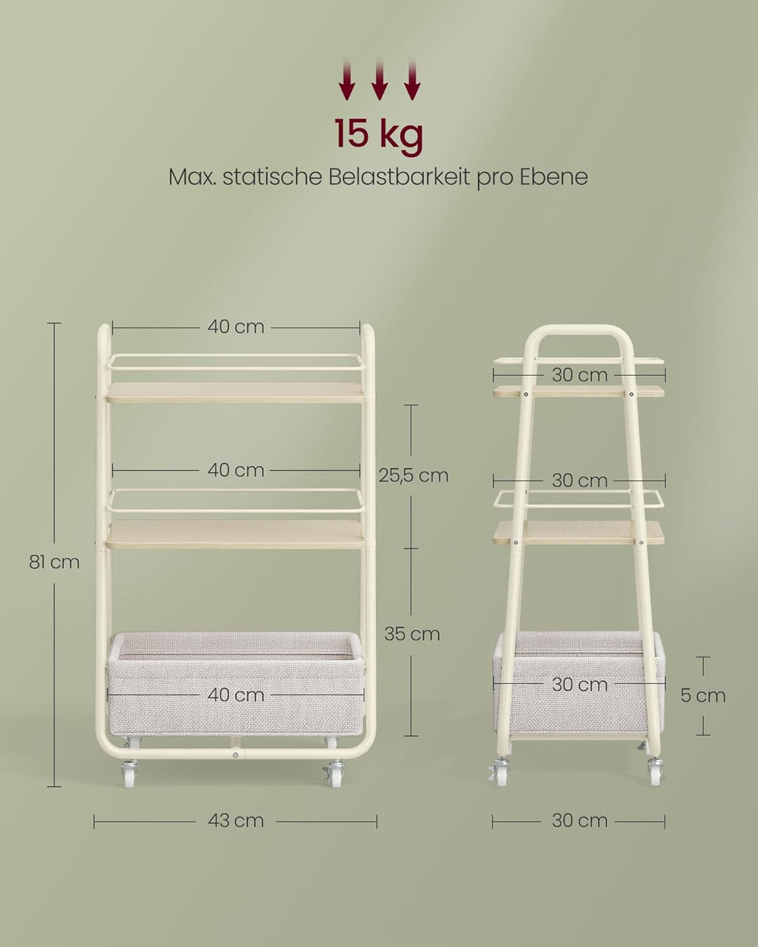 VASAGLE LILEA Kollektion - Rollwagen mit Korb aus Stoff, 3 Ebenen, Servierwagen mit Rollen, Ablagen,