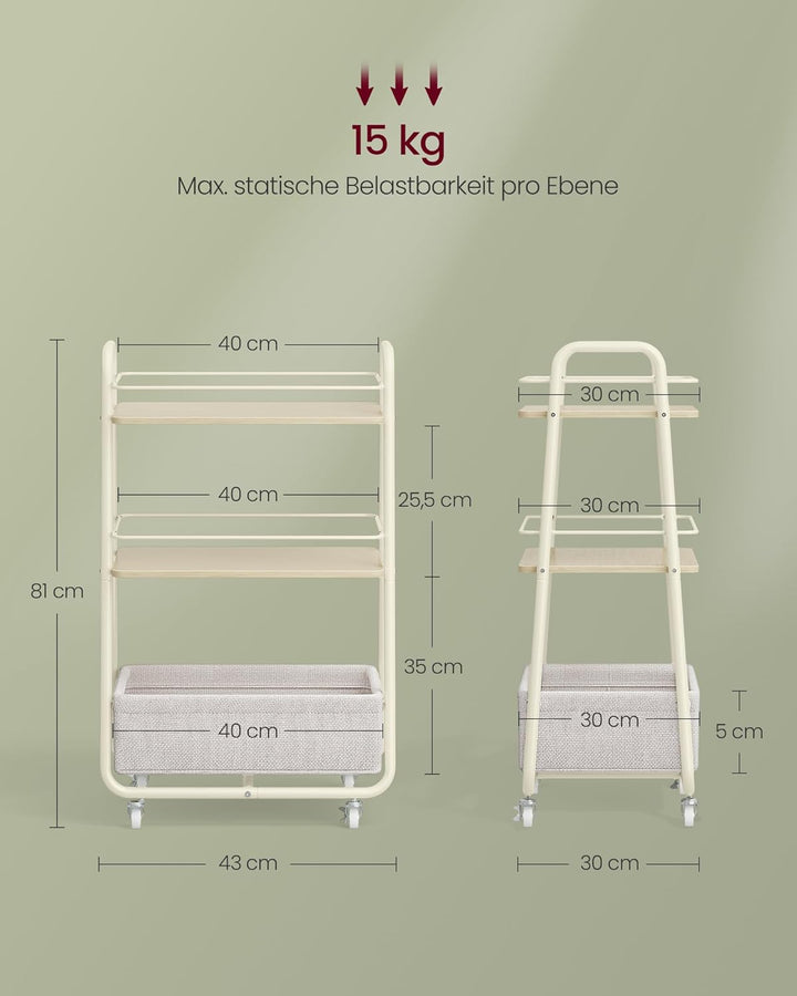 VASAGLE LILEA Kollektion - Rollwagen mit Korb aus Stoff, 3 Ebenen, Servierwagen mit Rollen, Ablagen,