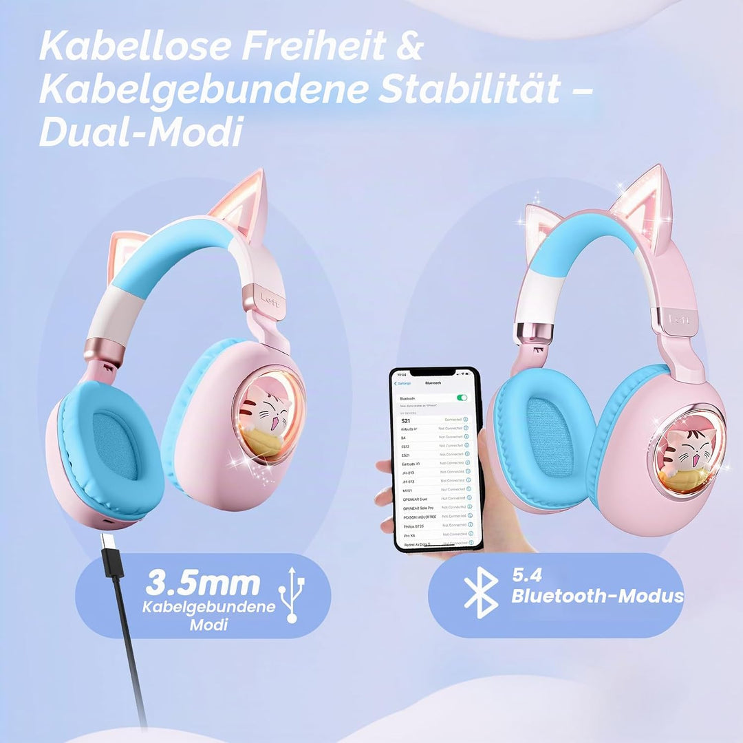 Kinder Kopfhörer mit Katzenohren, Bluetooth 5.4 Over-Ear Noise Cancelling Kopfhörer mit Mikrofon, LE