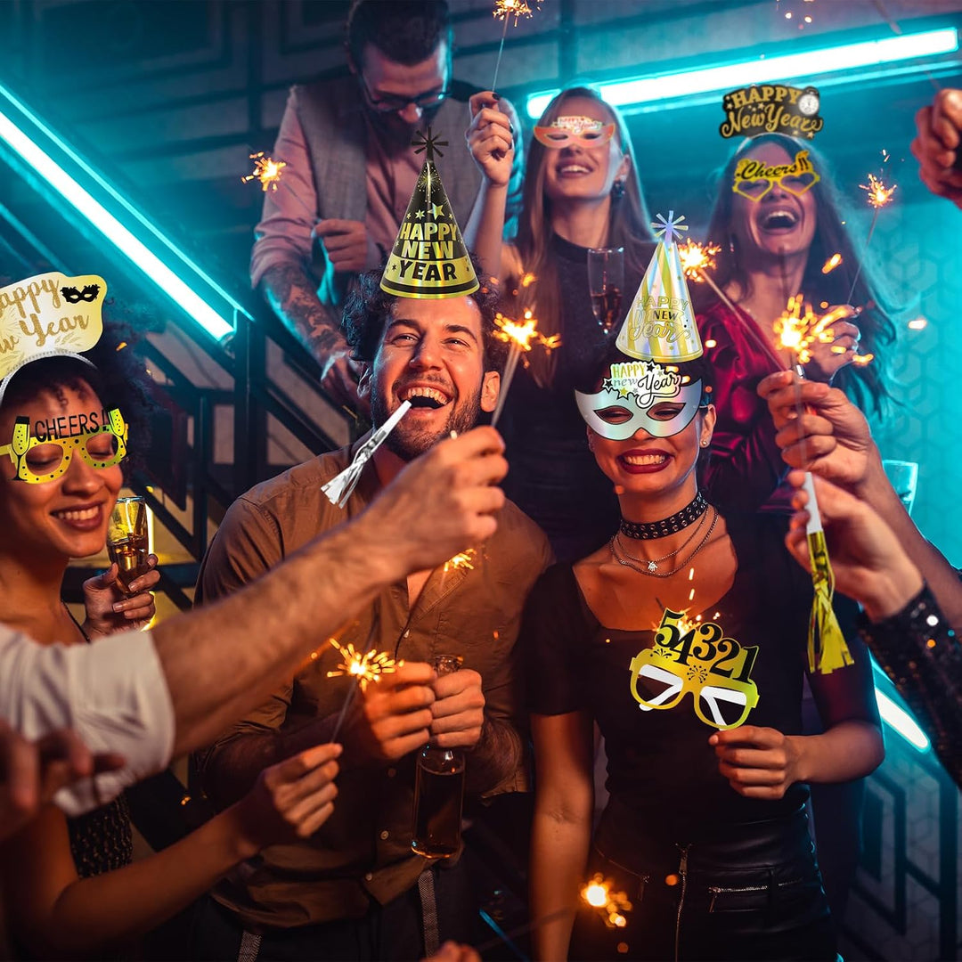 DPKOW Silvester Deko, Silvester Partyhüte Haarreif Partybrille Set Schwarz Gold Silber Farbe, Schwar