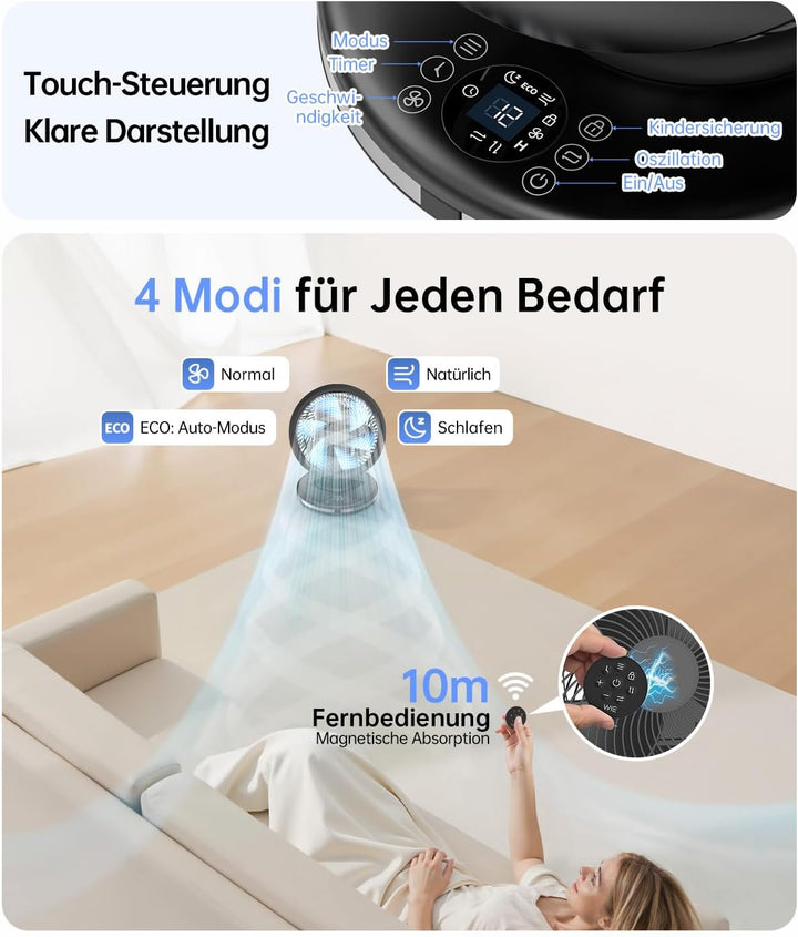 WIE Tischventilator, 4 Modi 12-Geschwindigkeit Ventilator mit 90° Oszillation, Luftzirkulator Fans m