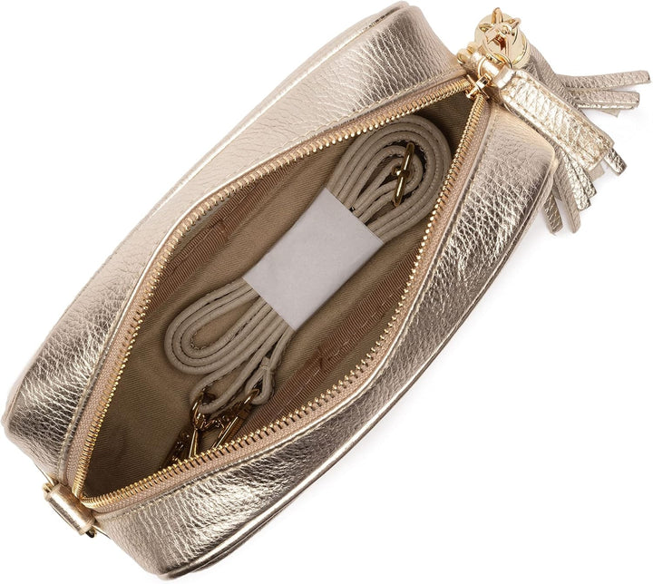 Ledertasche Echtleder in Gold mit abnehmbaren Lederriemen und zusätlichem Tragegurt zum Umhängen, 20