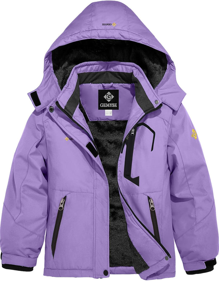 GEMYSE Mädchen Wasserdichte Skijacke Winddichte Fleece Outdoor Winterjacke Regenjacke mit Kapuze 128
