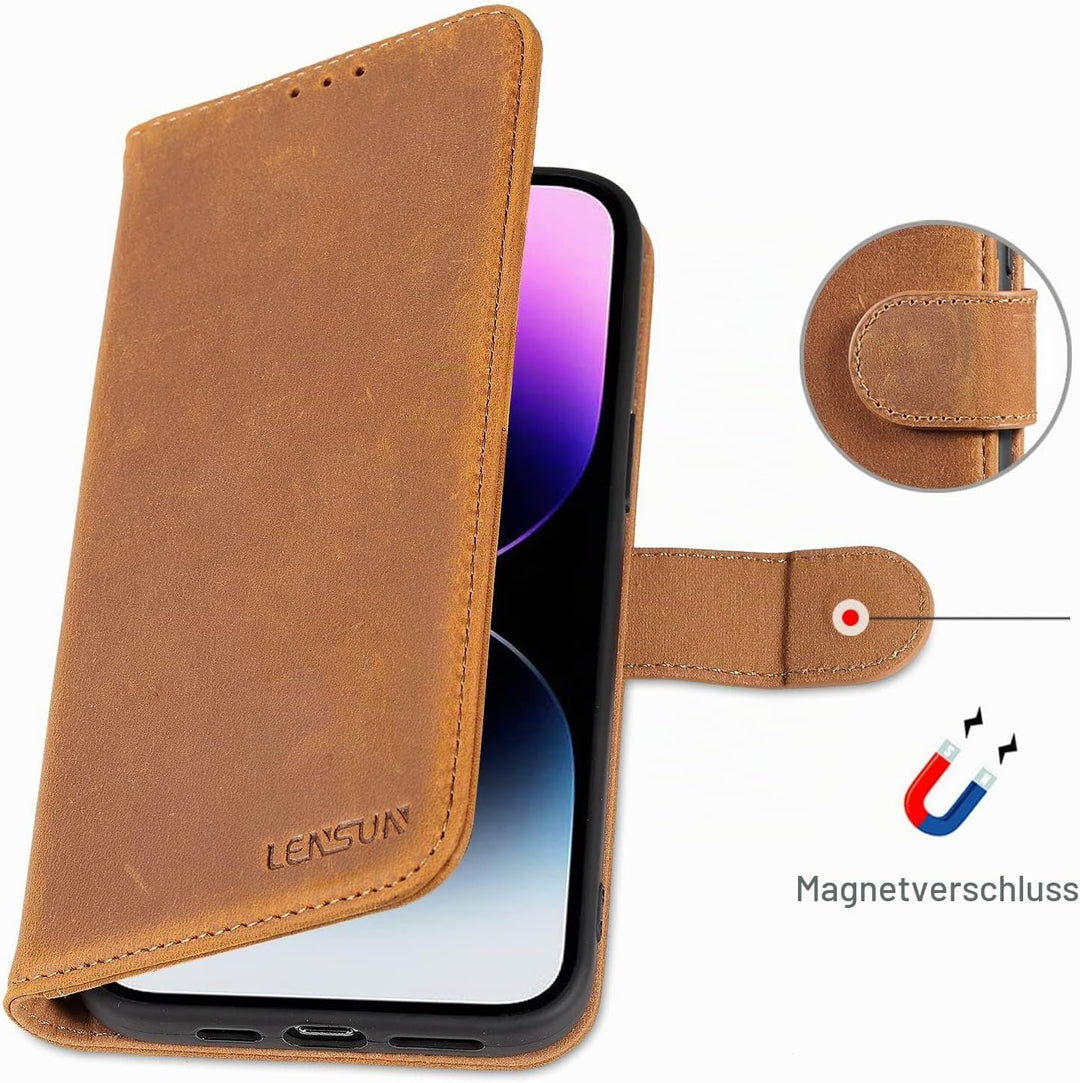 LENSUN Echtleder Hülle für iPhone 14 Pro Max, Handyhülle [Echtes Leder][Magnetverschluss][RFID Schut