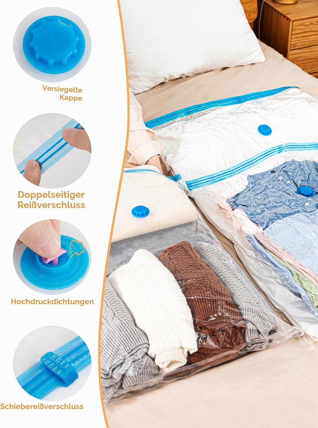 HEETA Vakuumbeutel für Bettdecken, 12 Stück Vakuumierbeutel Kleidung (4 Jumno, 4 Gross, 4 Klein), Wi