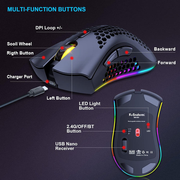 Bluetooth Gaming Maus, Light Honeycomb Maus mit RGB Hintergrundbeleuchtung, einstellbare DPI, Blueto