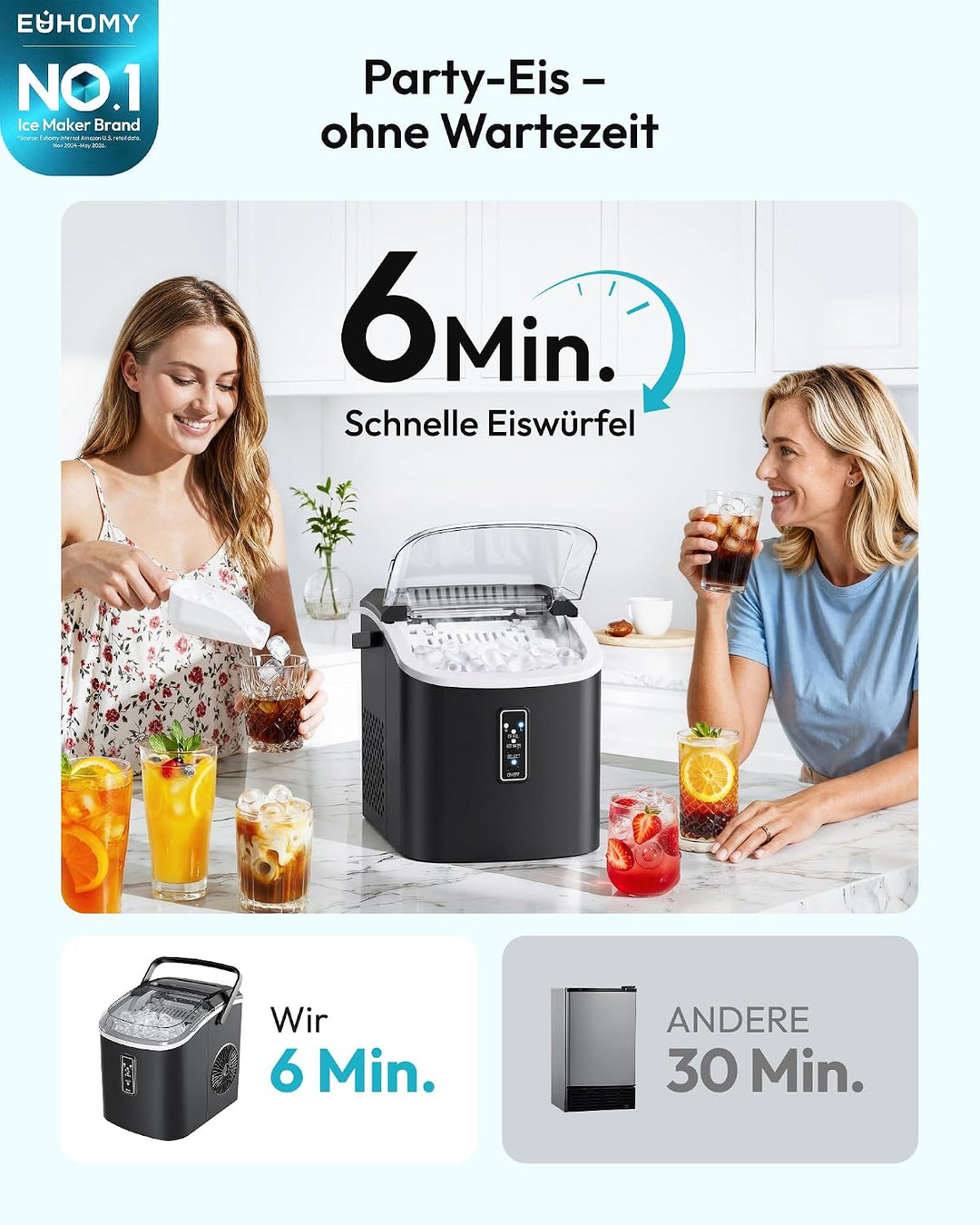 EUHOMY Eiswürfelmaschine Klein, 9 Würfel in 6 Minuten Bereit, 12 Kg/Day, Selbstreinigend, Tragbare E