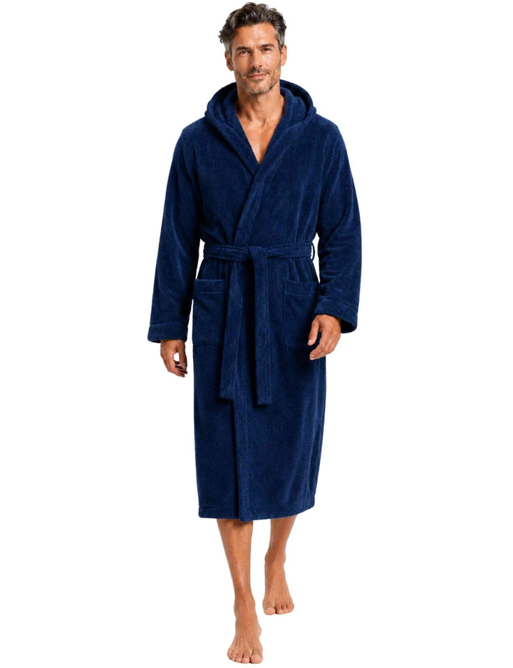 Morgenstern Bademantel Herren Kapuze Frottee 100% Baumwolle Lang Cadiz Salamanca XL Marine, XL Marin
