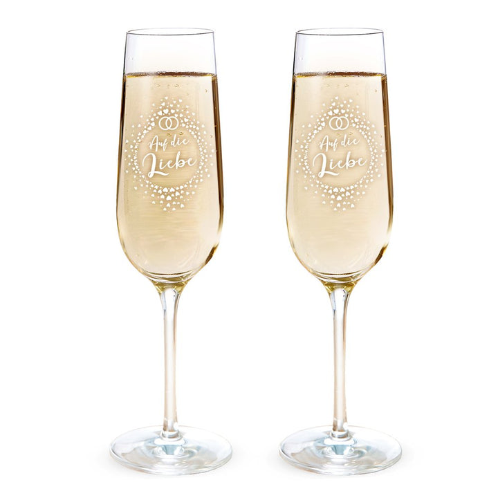 AMAVEL 2er Set Sektgläser mit Gravur zur Hochzeit, auf die Liebe, Ringe, Sektkelche aus Klarglas, Fü