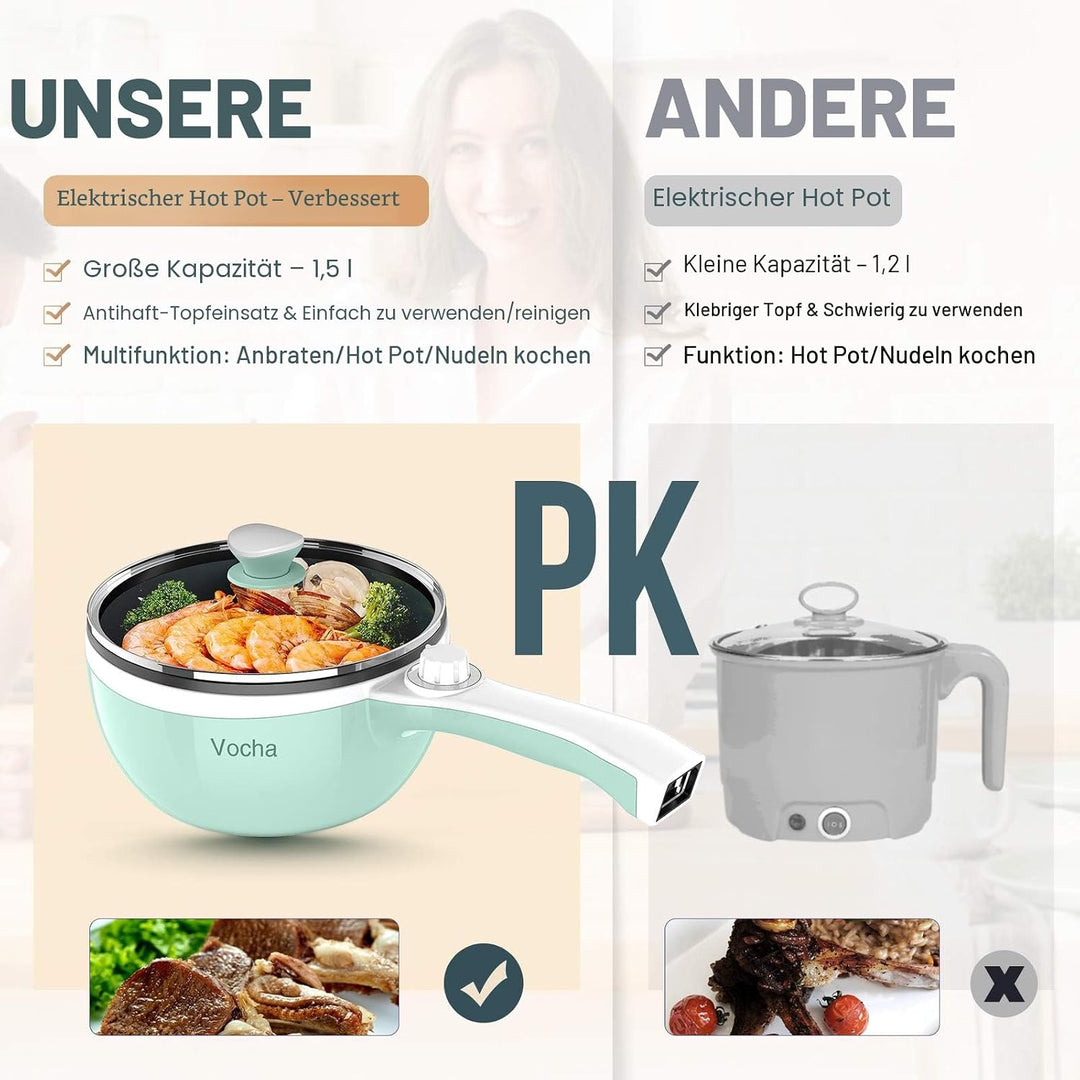 Vocha Elektrische Pfannen, 1,5 L Kleine Hot Pot, Antihaft Elektro Bratpfanne für Reise/Wohnheim, Tra