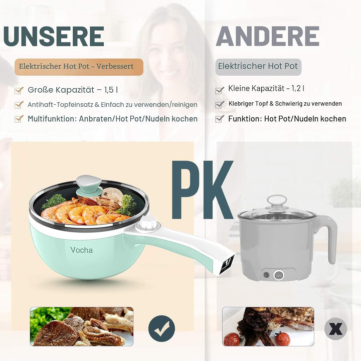 Vocha Elektrische Pfannen, 1,5 L Kleine Hot Pot, Antihaft Elektro Bratpfanne für Reise/Wohnheim, Tra