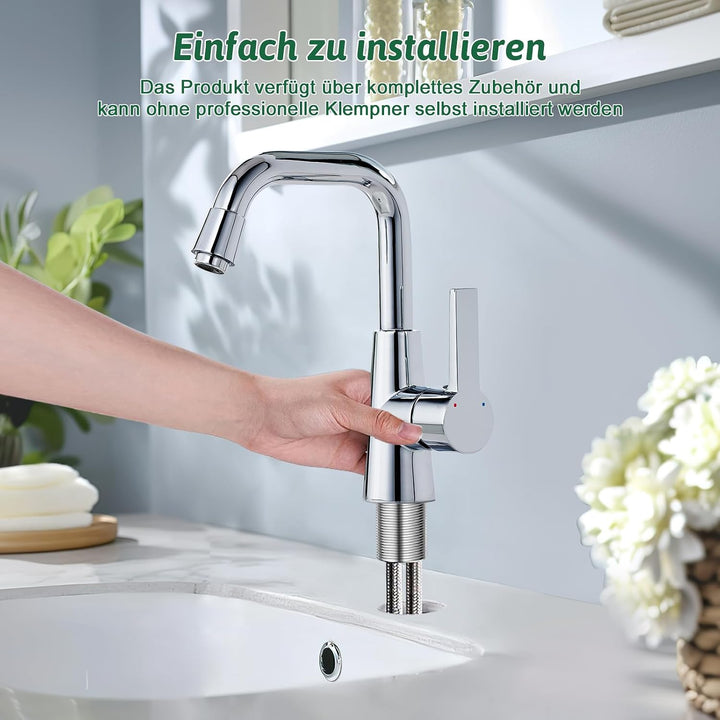 Wasserhahn Bad,Kalt und Warmwasser Mischbatterie，360°Schwenkbare Waschtischarmatur，Messing Verchromt