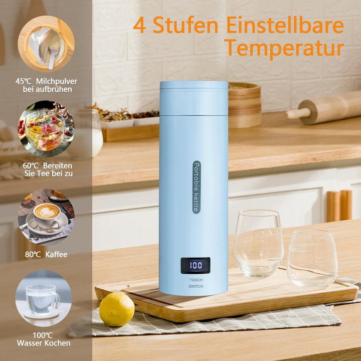 Reise Wasserkocher Klein, Elektrische Wassertasse,220V 300W Schnellkoch-Teekanne-Heizbecher mit Temp