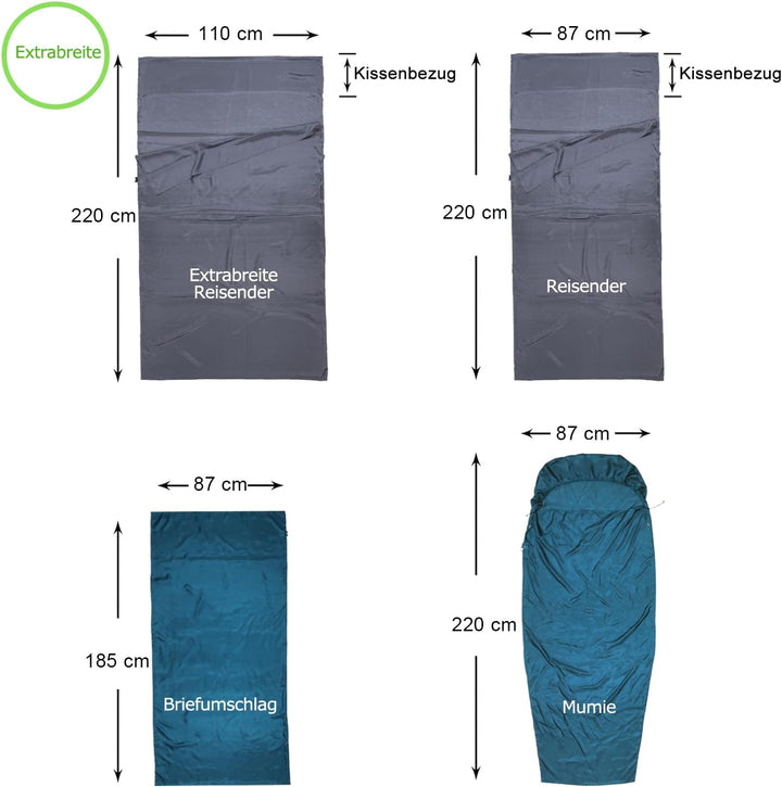 BROWINT Seidenschlafsack, Hüttenschlafsack aus 100% Naturseide, Extrabreite 220x110cm, 220x87cm, 185
