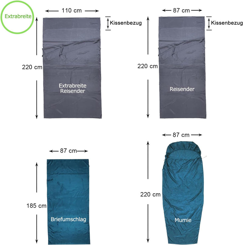 BROWINT Seidenschlafsack, Hüttenschlafsack aus 100% Naturseide, Extrabreite 220x110cm, 220x87cm, 185