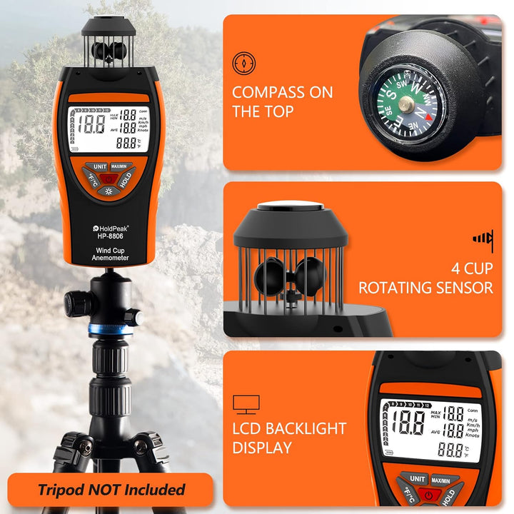 HoldPeak 8806 Windmesser, digital, Windgeschwindigkeit, Meterware, 4 Cups Windgeschwindigkeit, 0,7 ~