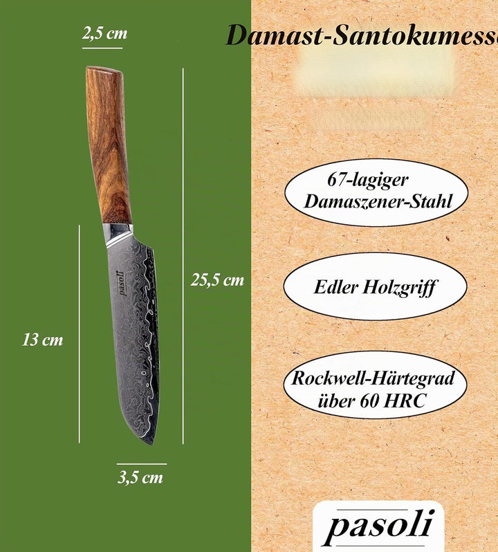 pasoli Damast Santoku-Messer inkl. Klingenschutz | 67-lagiger VG-10 Damaszener-Stahl | scharfe 13 cm