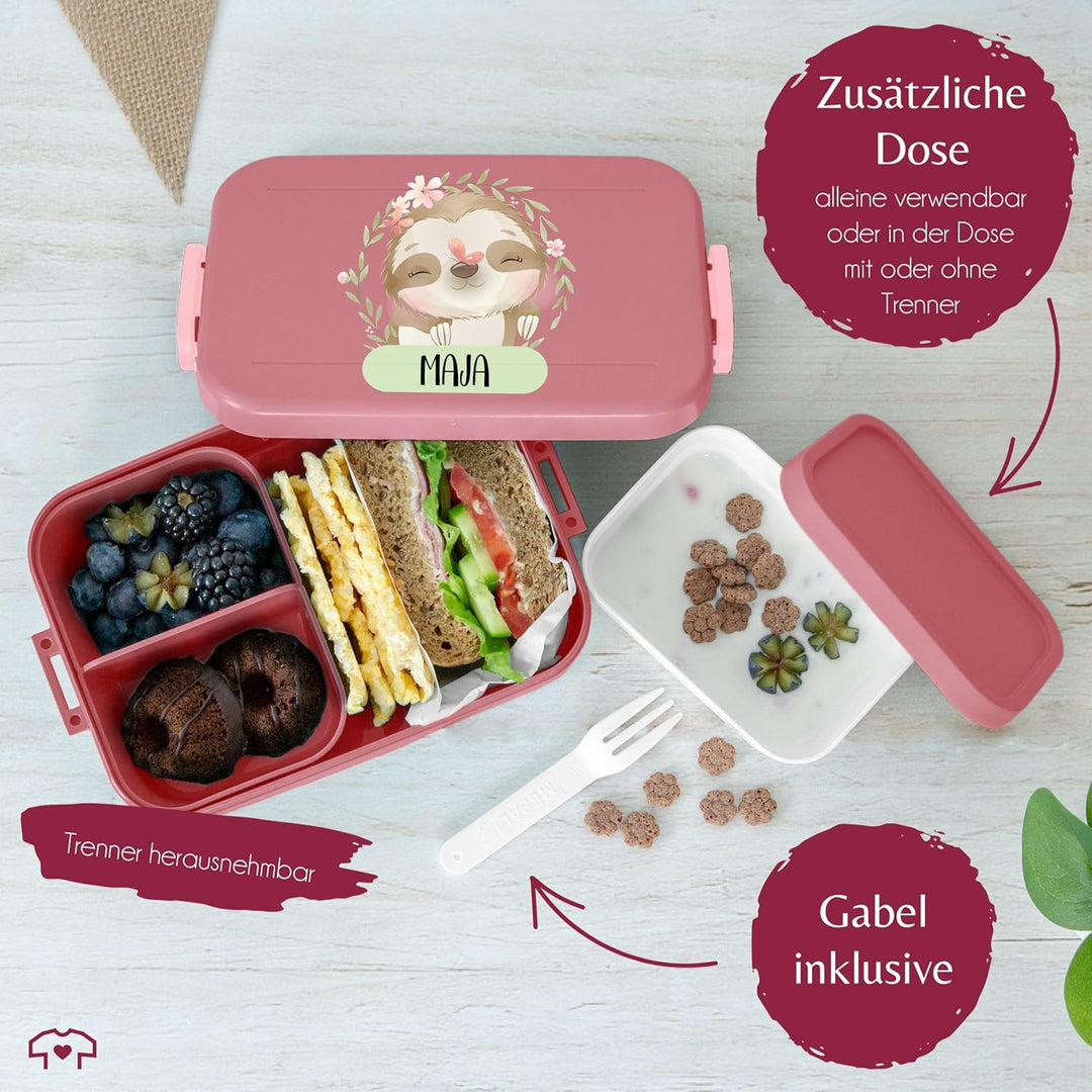 Kinder Bento Box Midi Lunchbox für Mepal Bentobox - Brotdose Faultier mit Name | Geschenk Einschulun