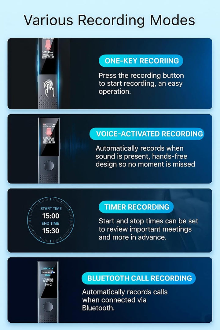 Digital Voice Recorder, Diktiergerät Aufnahmegerä mit Playback - 3072Kpbs One-Touch Audioaufnahmeger