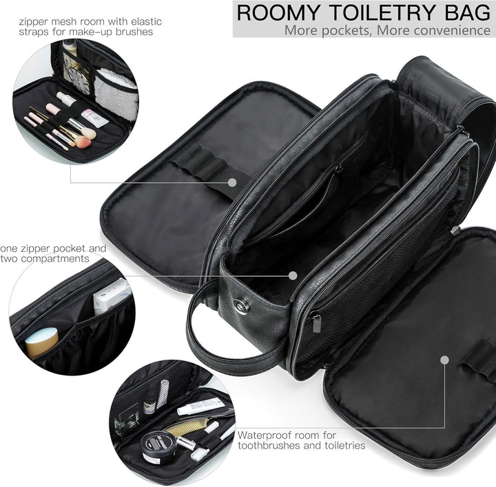 Elviros Kulturbeutel PU-Leder für Reise Herren, grosse wasserdichte Waschtasche Männer, Kulturtasche