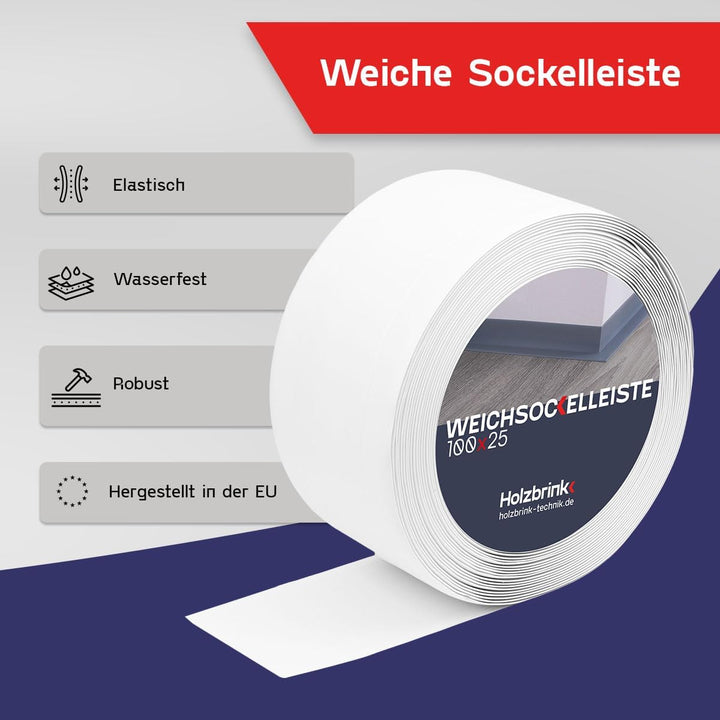 HOLZBRINK Weichsockelleiste Weiss Knickleiste ohne Klebestreifen, Material: PVC, 100x25mm, 5 Meter 5