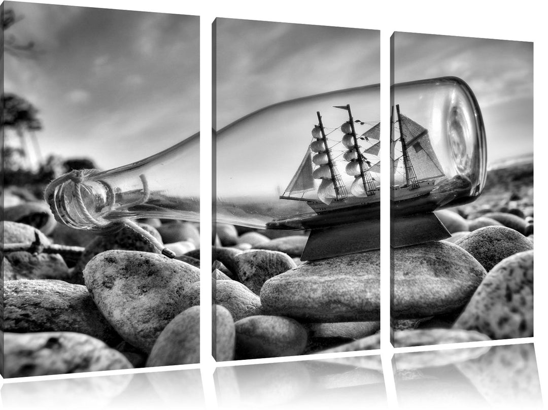 Pixxprint Flasche mit Schiff als Leinwandbild/Grösse: 3 Teilig (120x80) cm/Wandbild/Kunstdruck/ferti