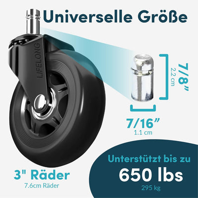 Bürostuhl Rollen 5er-Set, Schaftgrösse 11X22mm, Bürostuhl-Räder Ersatzrollen für Teppich und Parkett