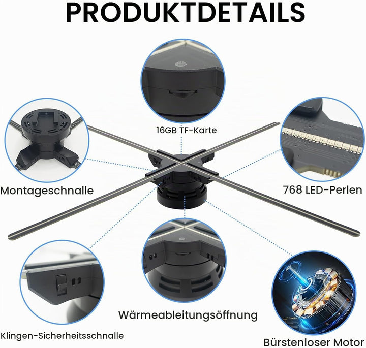 65CM 3D Hologramm Projektor mit WiFi und Bluetooth,3D Hologramm Fan mit 768 LEDs und 2500 cd/m² und