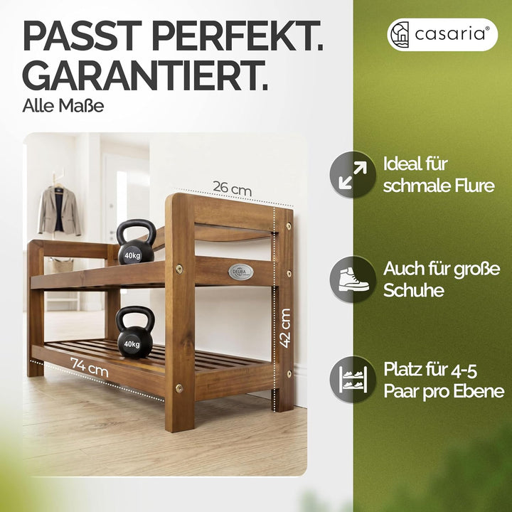 Casaria® Schuhregal mit 2 Ebenen 75x26x42cm FSC®-Zertifiziert Akazien Holz Massiv Bad Diele Flur Bad