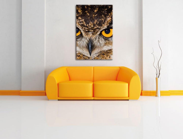 Eule mit gelben Augen, Format: 100x70 auf Leinwand, XXL riesige Bilder fertig gerahmt mit Keilrahmen