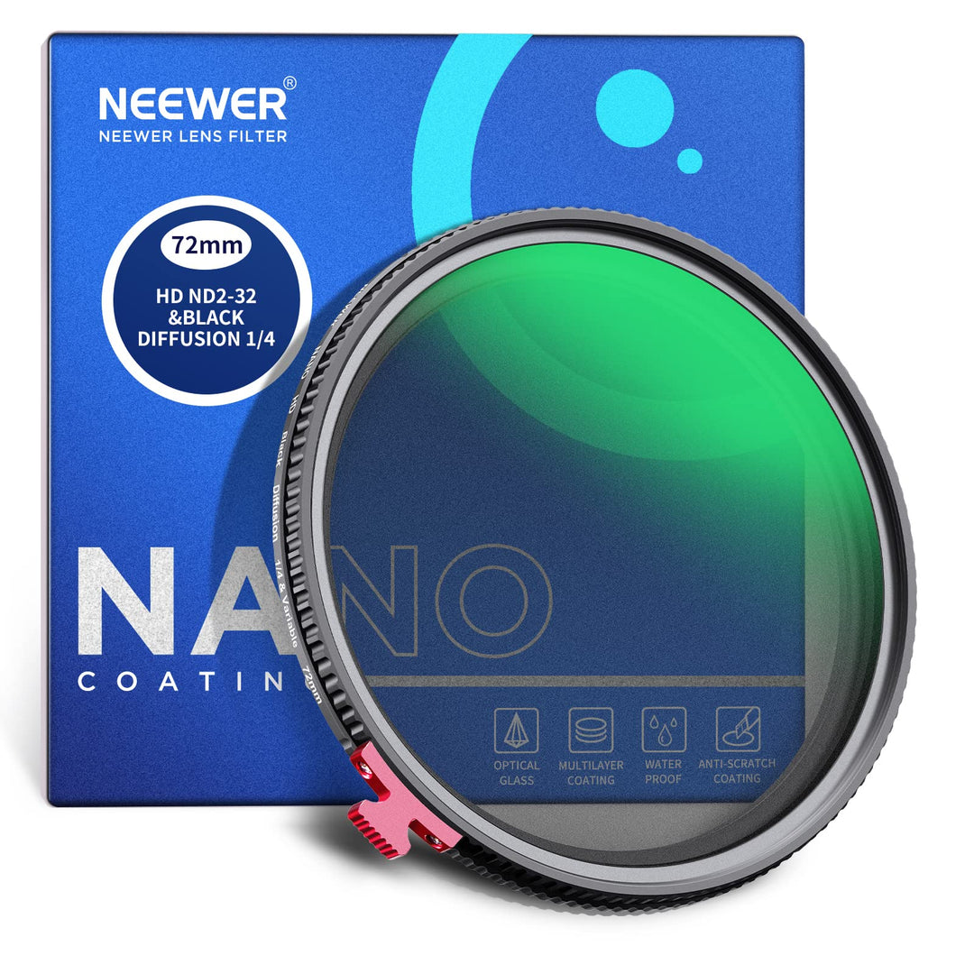 NEEWER 2 in 1 72mm Black Diffusion 1/4 Effekt mit ND2-ND32 Variable ND Filter kein X Kreuz Graufilte