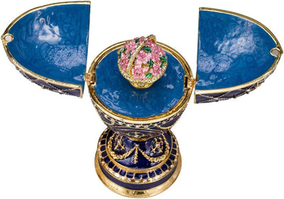 danila-souvenirs Fabergé-Stil Ei Spieluhr Schmuckkästchen mit Korb der Blumen 17 cm blau