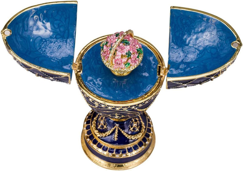 danila-souvenirs Fabergé-Stil Ei Spieluhr Schmuckkästchen mit Korb der Blumen 17 cm blau